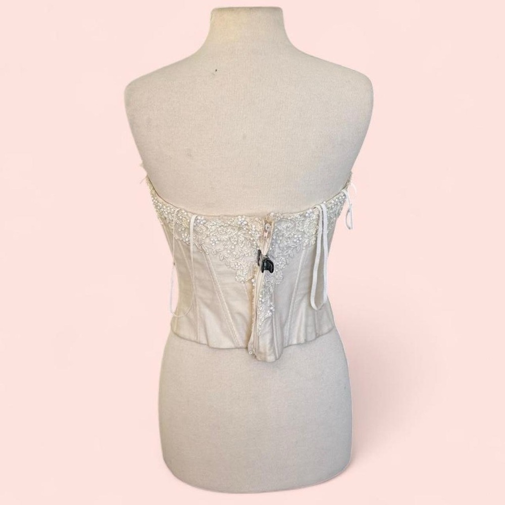 1990’s Vintage Cream Ivory Boning Zip Up Beaded Sweetheart Bridal Bodice Top - Picture 4 of 8